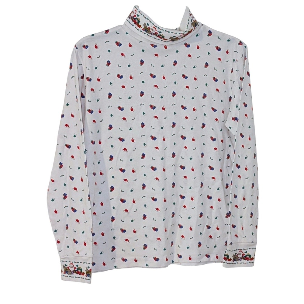 Ashley Vintage Christmas Turtleneck Shirt White Santa Sleigh Medium